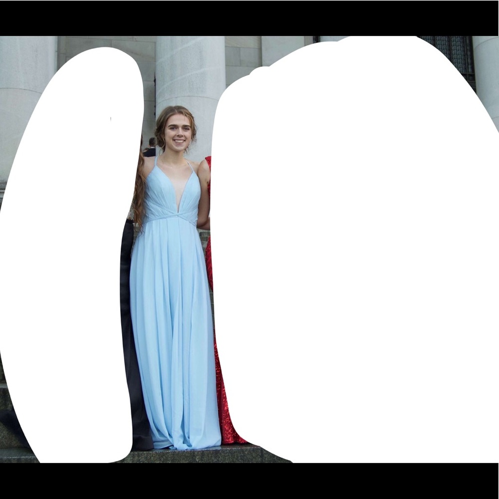 light blue prom dress w plunging neckline